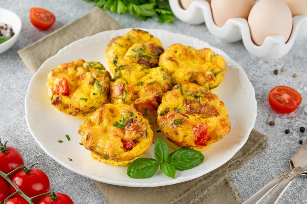 Egg muffins or egg bites with bacon, cheese, vegetables and herb on a white plate. Healthy breakfast