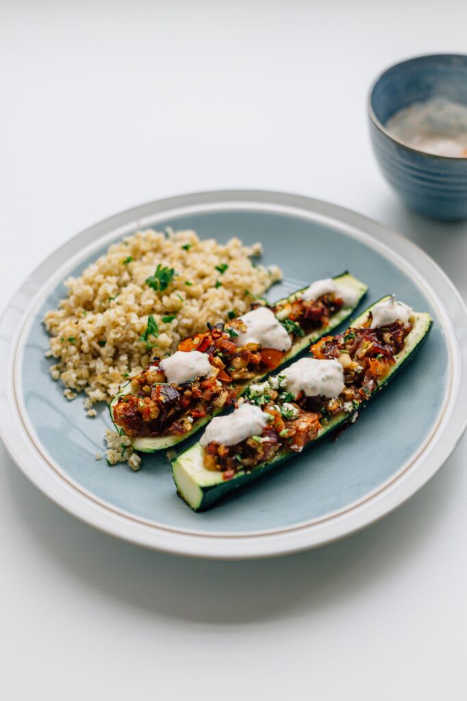 Vegetarian Dinner of Courgettes and Grains on Plate